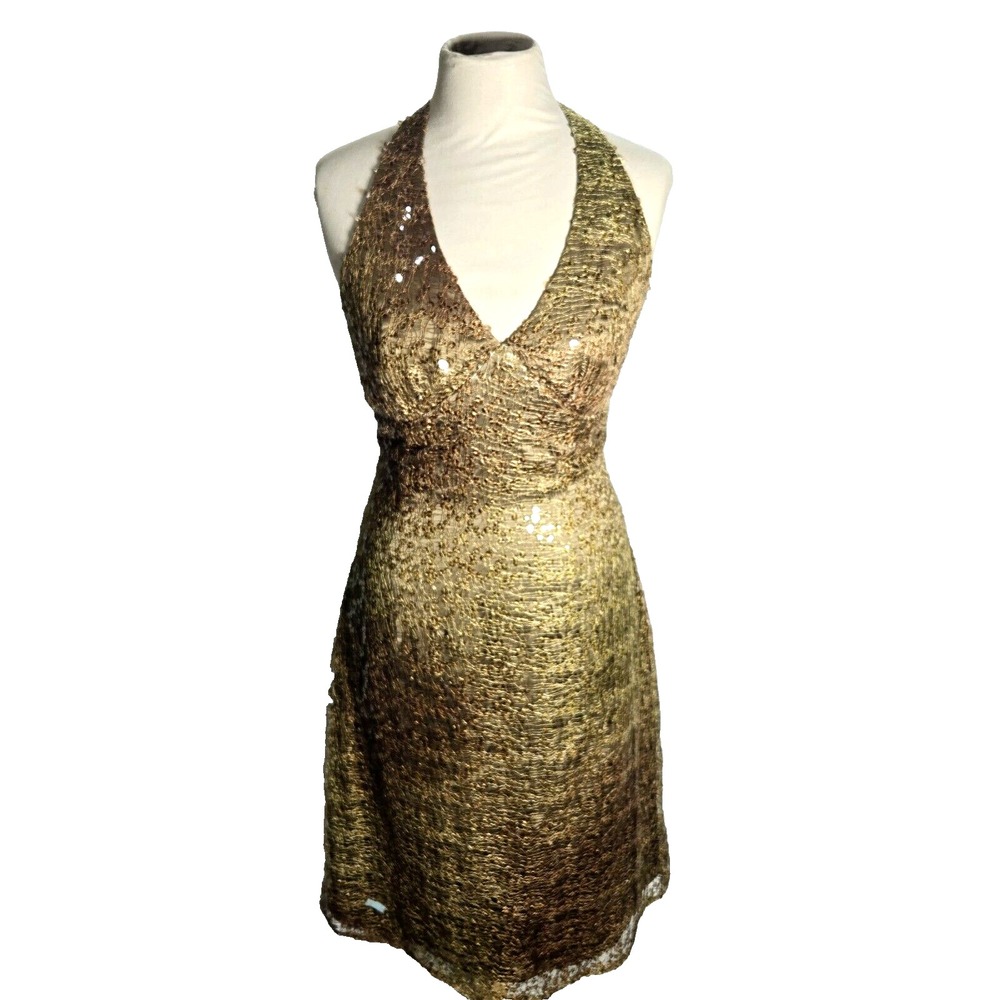 Kay Unger New York Dress Halter Gold Shimmer Sequin Womens Size 6 Lined Zip